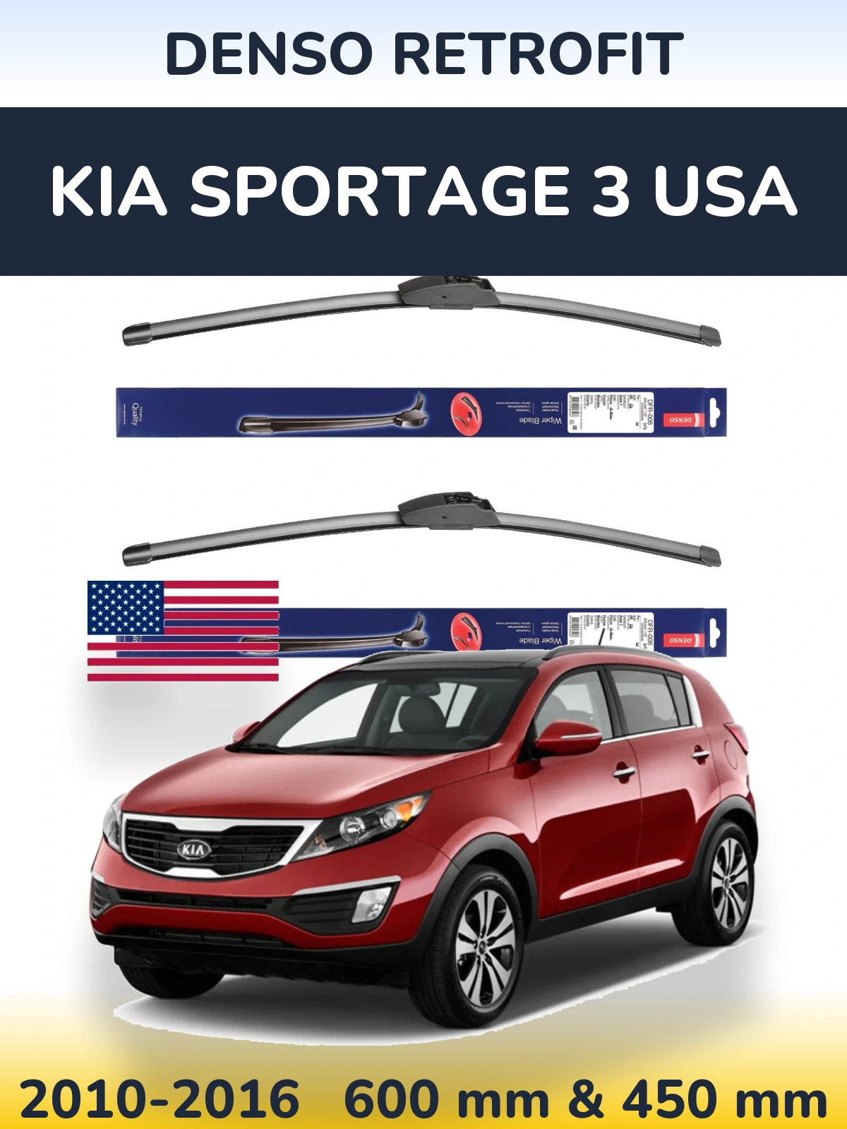 Komplet przednich wycieraczek Denso Retrofit 600 & 450 mm do KIA Sportage 3 USA 2010-2016