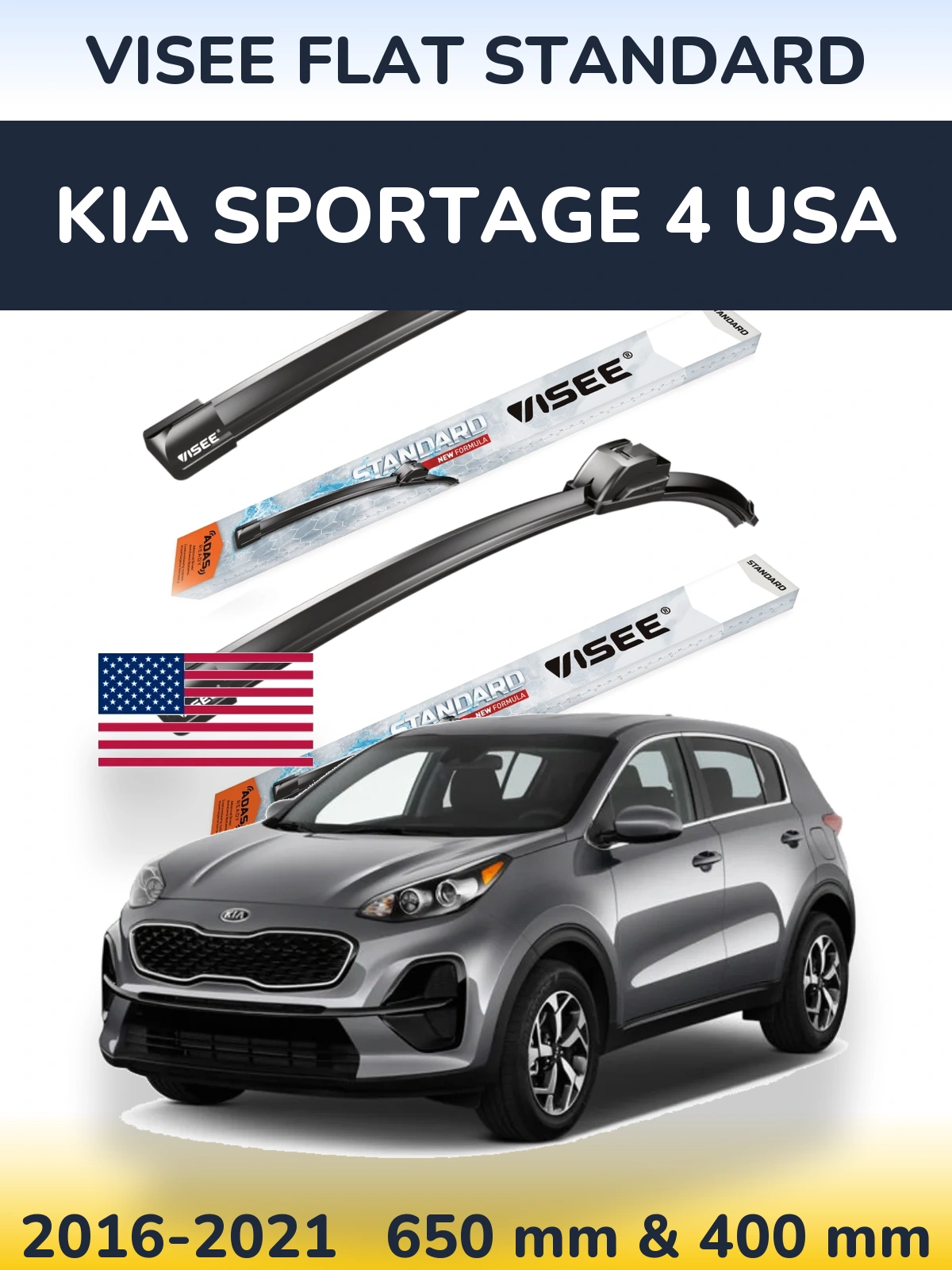 Front wiper blade set VISEE FLAT STANDARD 650 & 400 mm for KIA Sportage 4 USA 2016-2021