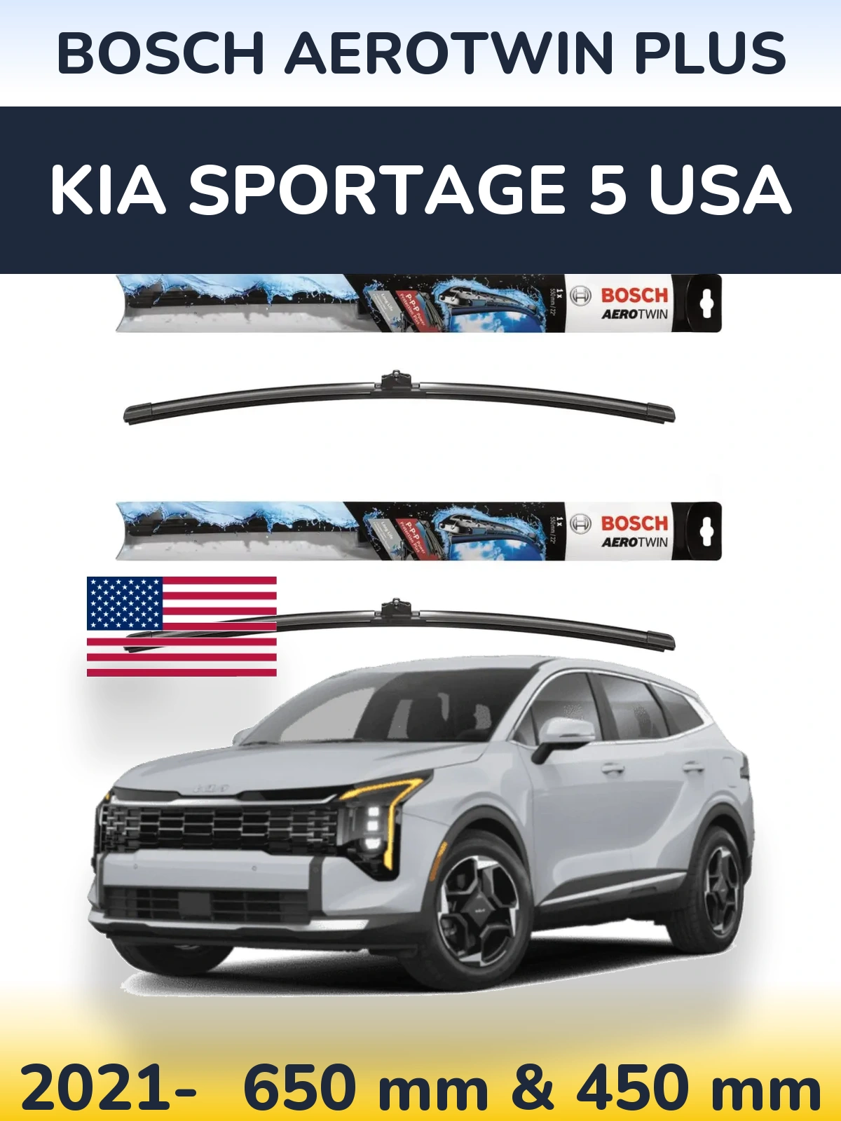 Комплект передних дворников BOSCH AeroTwin Plus 650 & 450 мм для KIA Sportage 5 USA 2021-2026