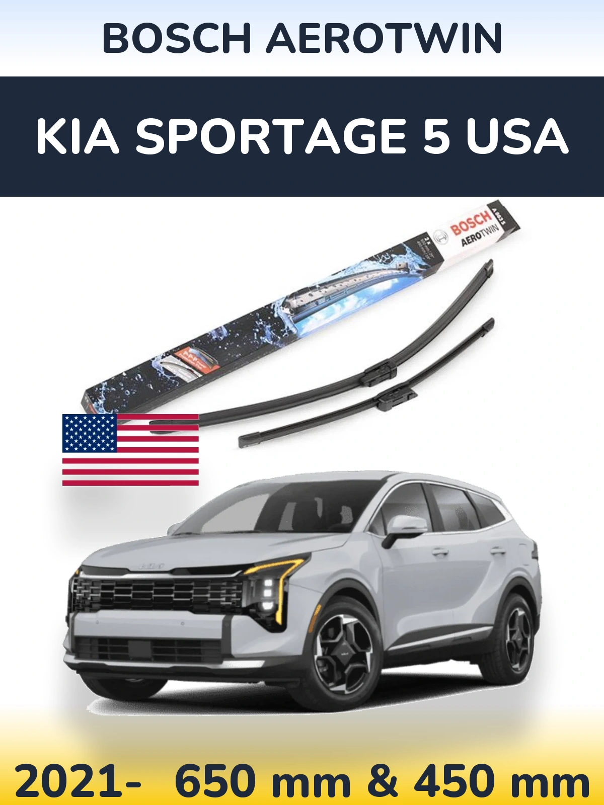 Комплект передних дворников BOSCH AeroTwin 650 & 450 мм для KIA Sportage 5 USA 2021-2026