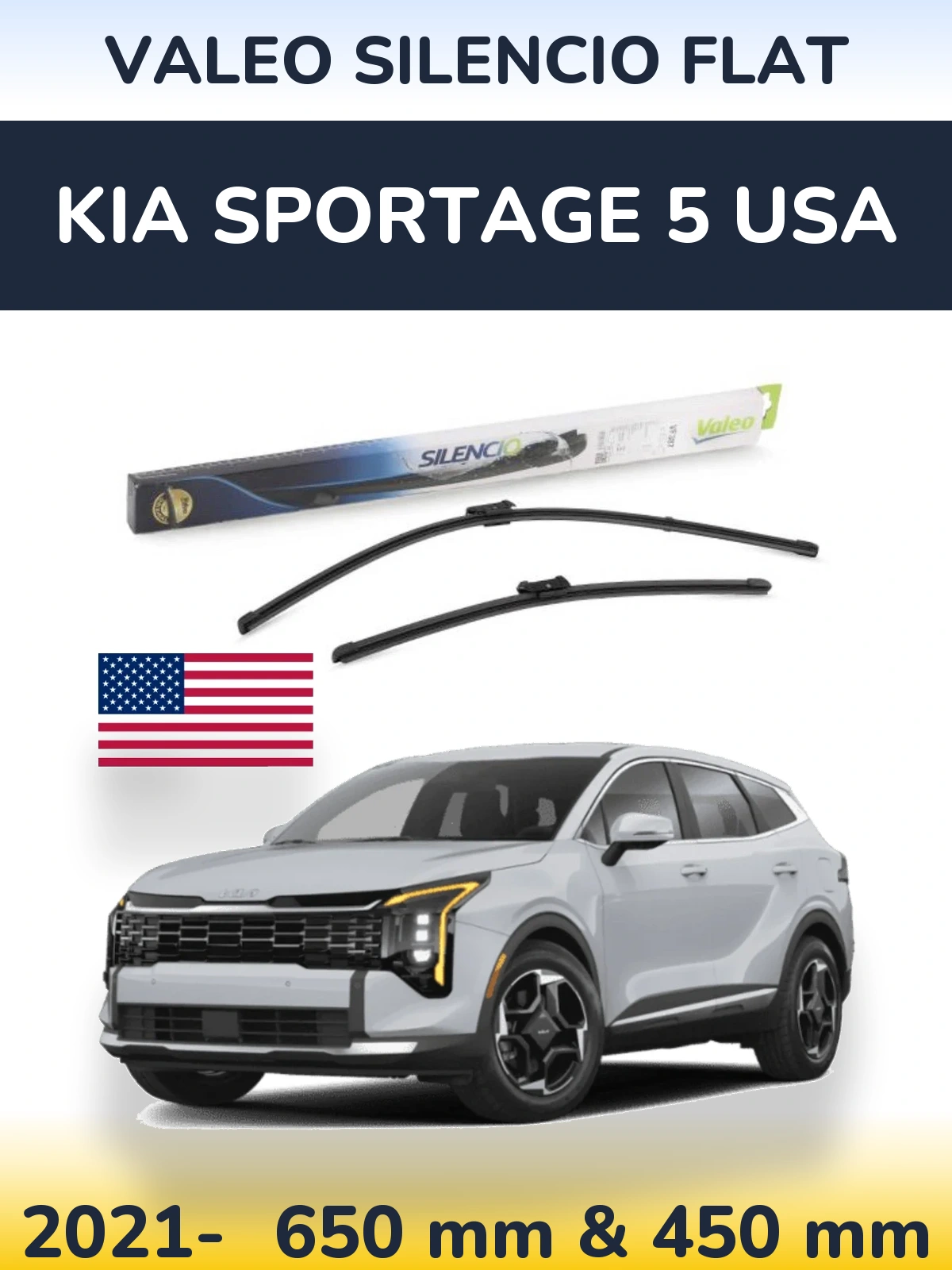 Комплект передних дворников Valeo Silencio Flat 650 & 450 мм для KIA Sportage 5 USA 2021-2026