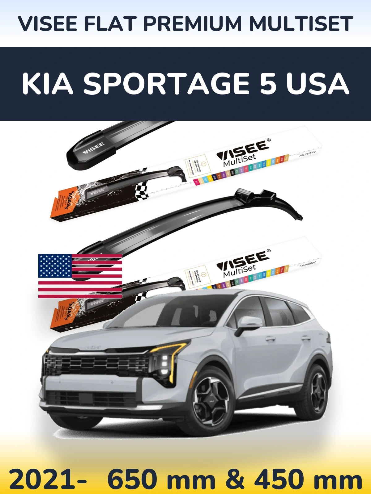 Komplet przednich wycieraczek VISEE FLAT PREMIUM MultiSet 650 & 450 mm do KIA Sportage 5 USA 2021-2026