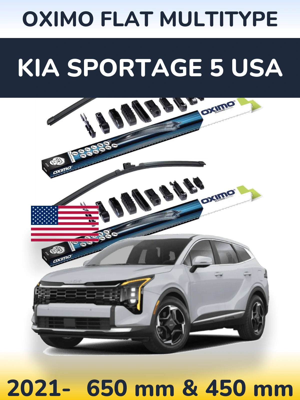 Front wiper blade set Oximo Flat MultiTypee 650 & 450 mm for KIA Sportage 5 USA 2021-2026