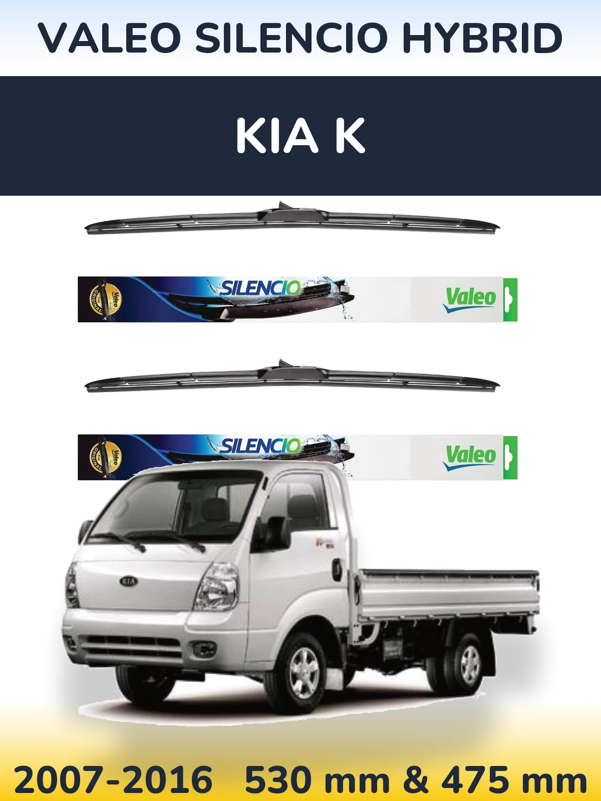 Front wiper blade set Valeo Silencio Hybrid 530 & 475 mm for KIA K 2007-2016
