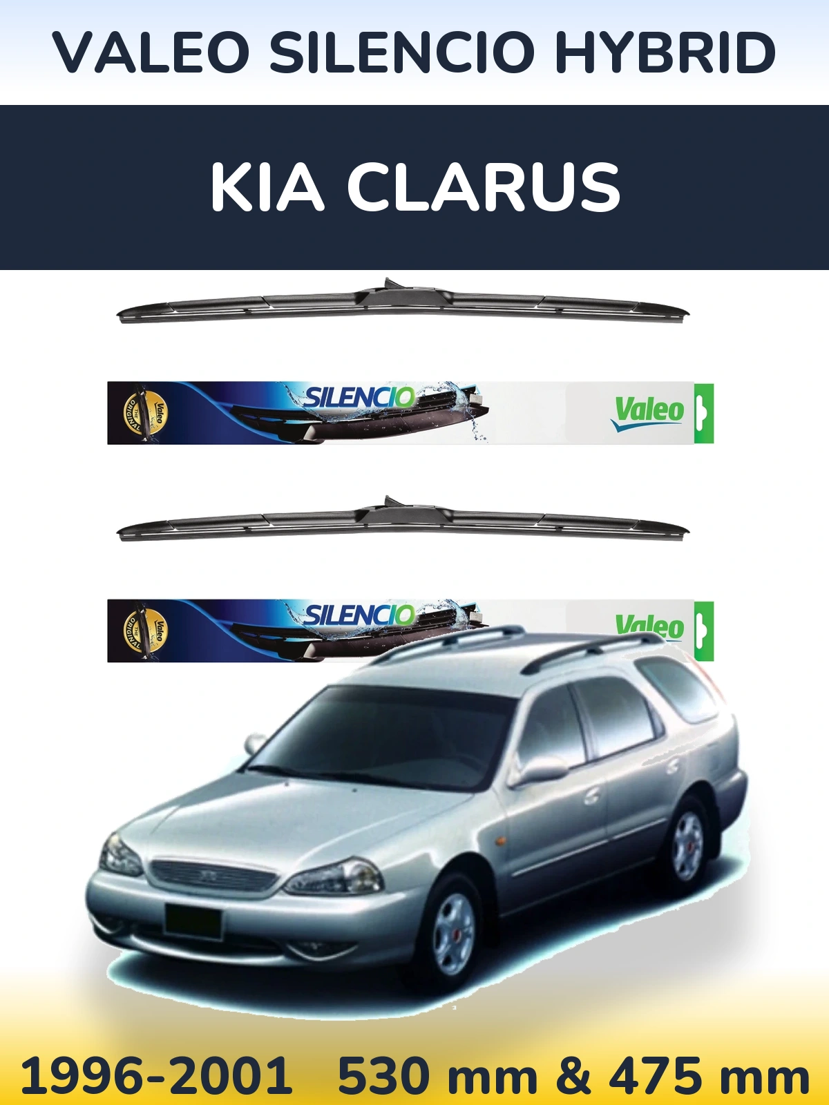 Front wiper blade set Valeo Silencio Hybrid 530 & 475 mm for KIA Clarus 1996-2001