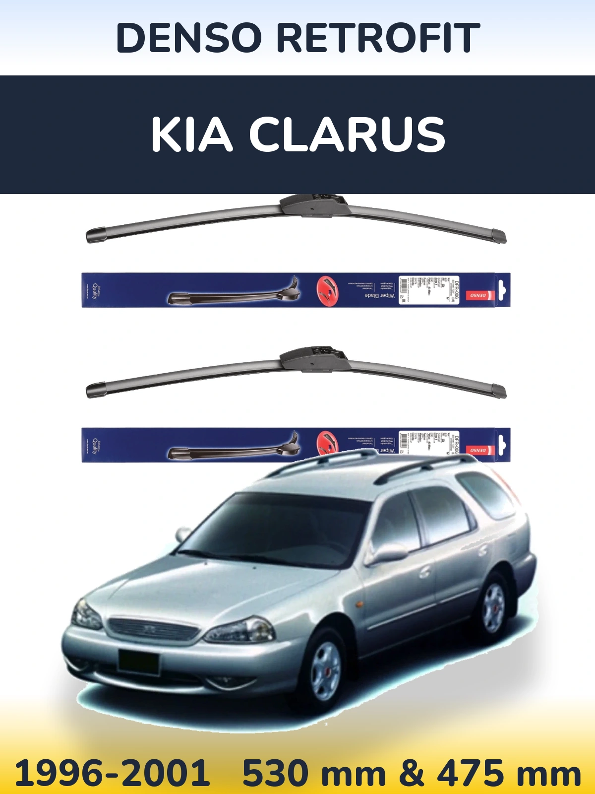 Front wiper blade set Denso Retrofit 530 & 475 mm for KIA Clarus 1996-2001