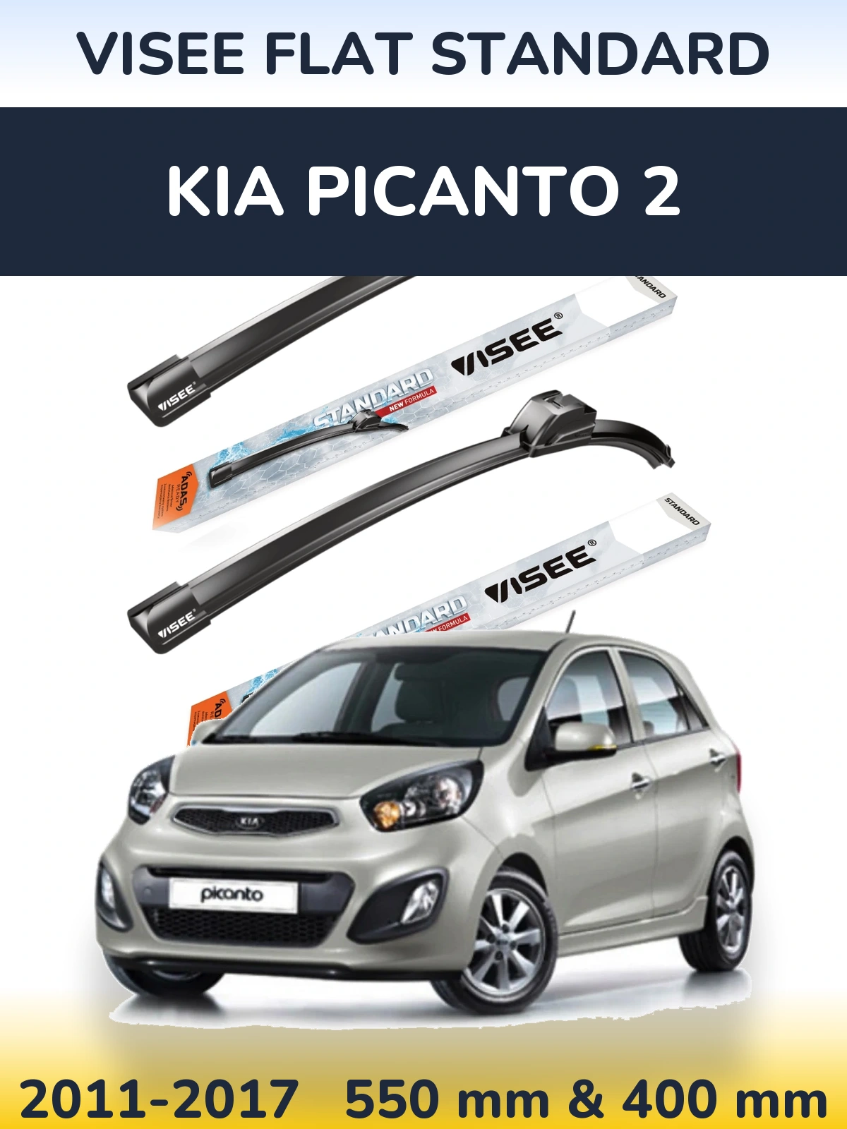 Front wiper blade set VISEE FLAT STANDARD 550 & 400 mm for KIA Picanto 2 2011-2017