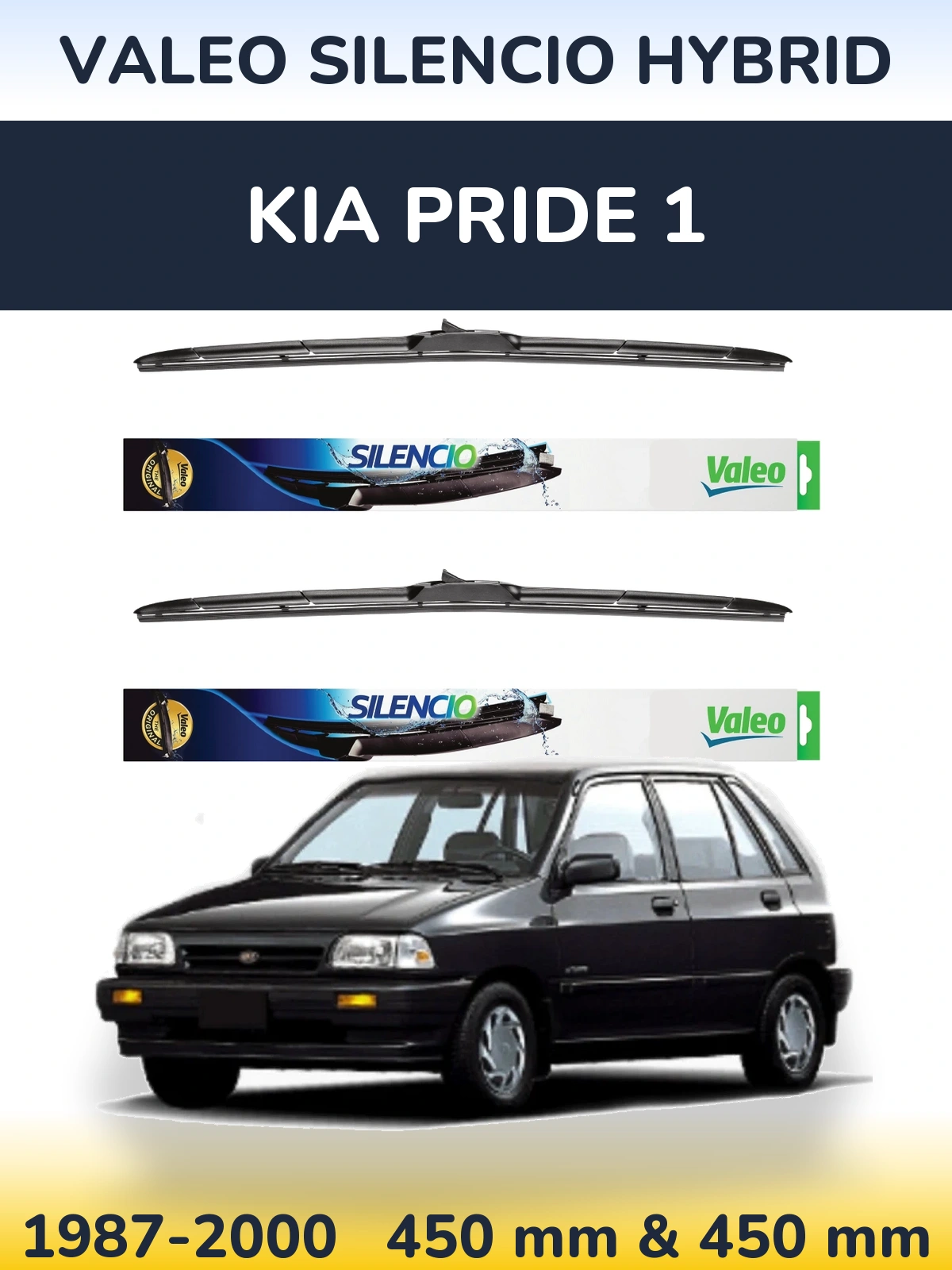 Front wiper blade set Valeo Silencio Hybrid 450 & 450 mm for KIA Pride 1 1987-2000