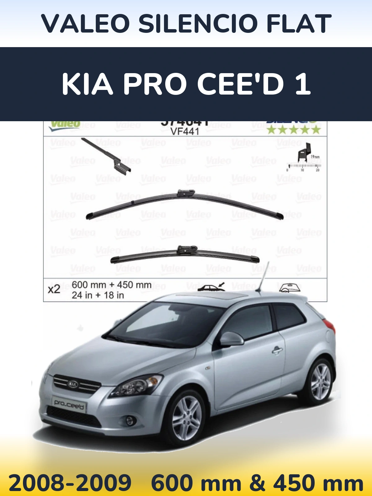 Komplet przednich wycieraczek Valeo Silencio Flat 600 & 450 mm do KIA Pro Cee'd 1 2008-2009