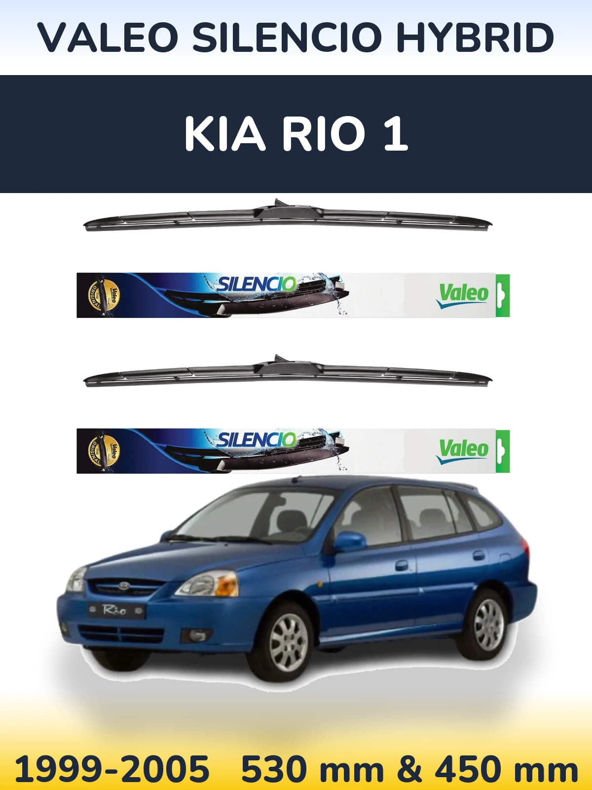 Front wiper blade set Valeo Silencio Hybrid 530 & 450 mm for KIA Rio 1 1999-2005