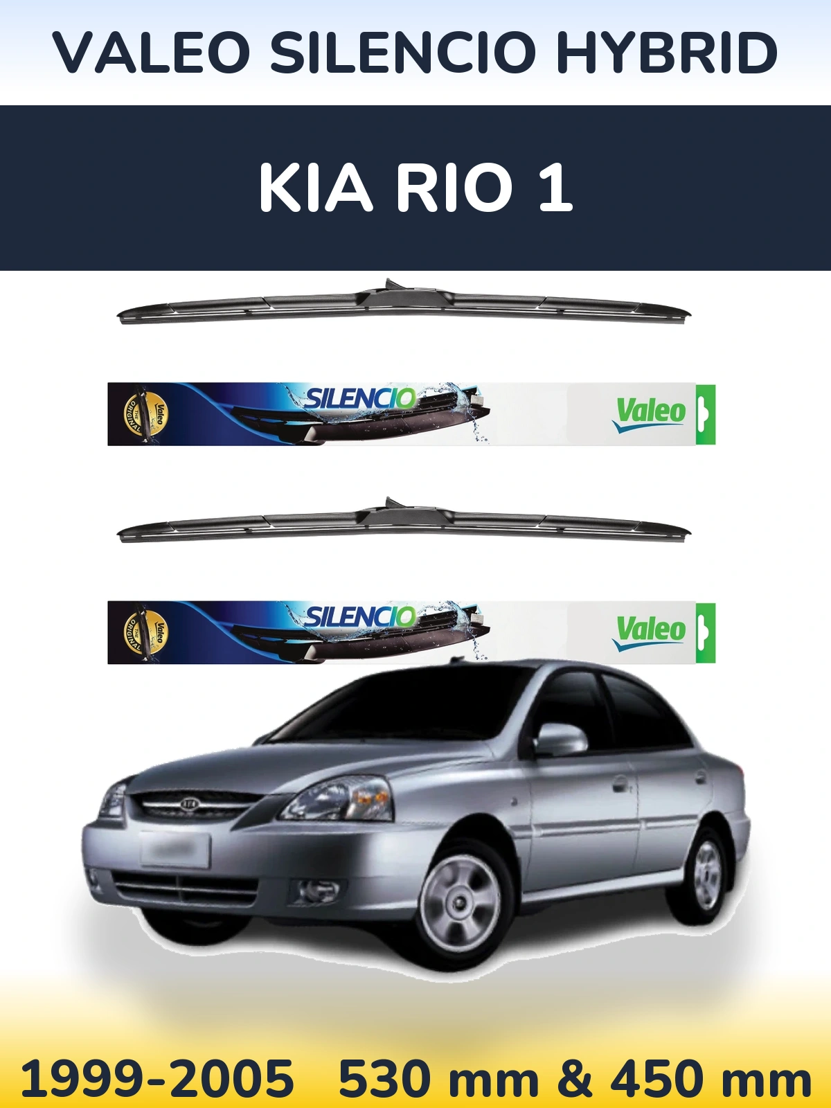 Front wiper blade set Valeo Silencio Hybrid 530 & 450 mm for KIA Rio 1 1999-2005
