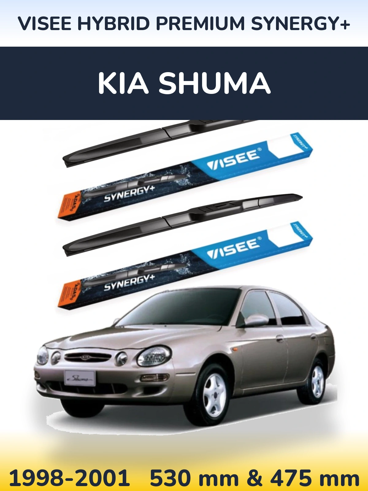 Front wiper blade set VISEE HYBRID PREMIUM SYNERGY+ 530 & 475 mm for KIA Shuma 1998-2001