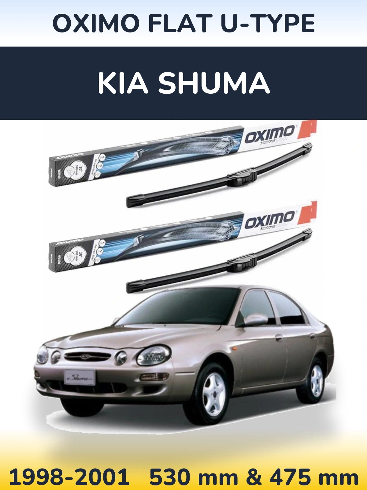 Front wiper blade set Oximo Flat U-type 530 & 475 mm for KIA Shuma 1998-2001