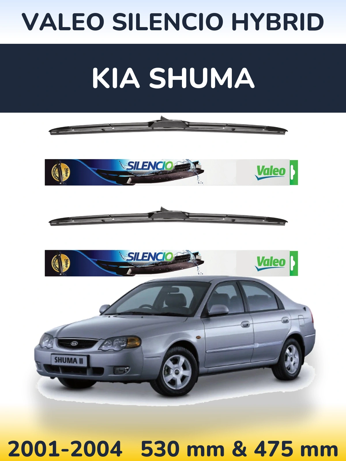 Front wiper blade set Valeo Silencio Hybrid 530 & 475 mm for KIA Shuma 2001-2004