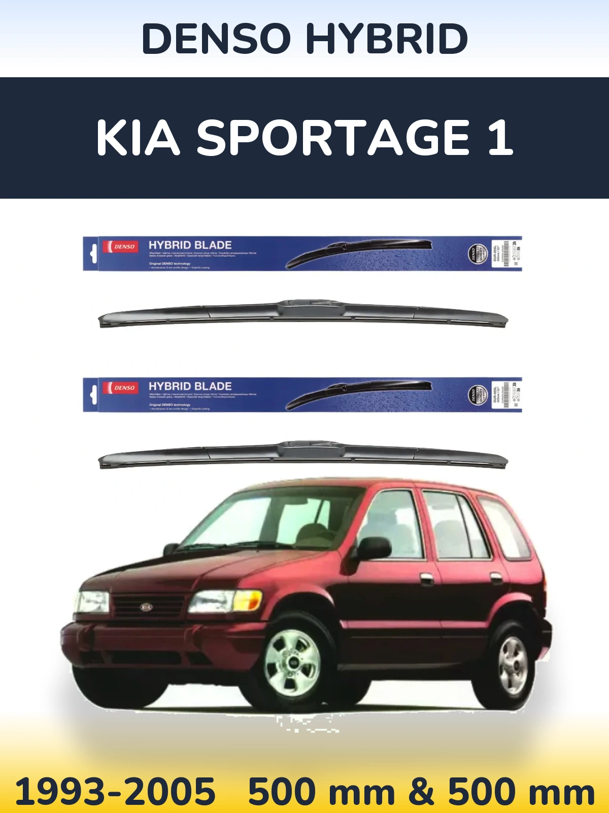 Front wiper blade set Denso Hybrid 500 & 500 mm for KIA Sportage 1 1993-2005