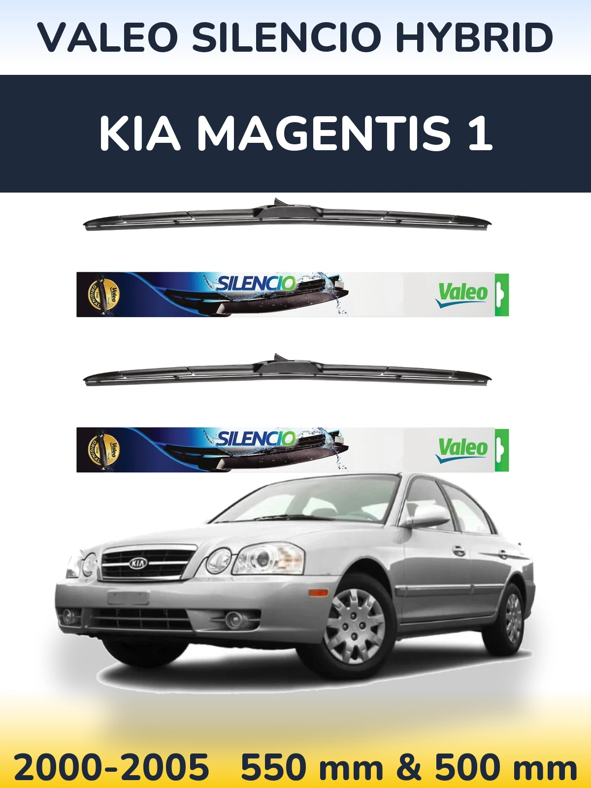Front wiper blade set Valeo Silencio Hybrid 550 & 500 mm for KIA Magentis 1 2000-2005