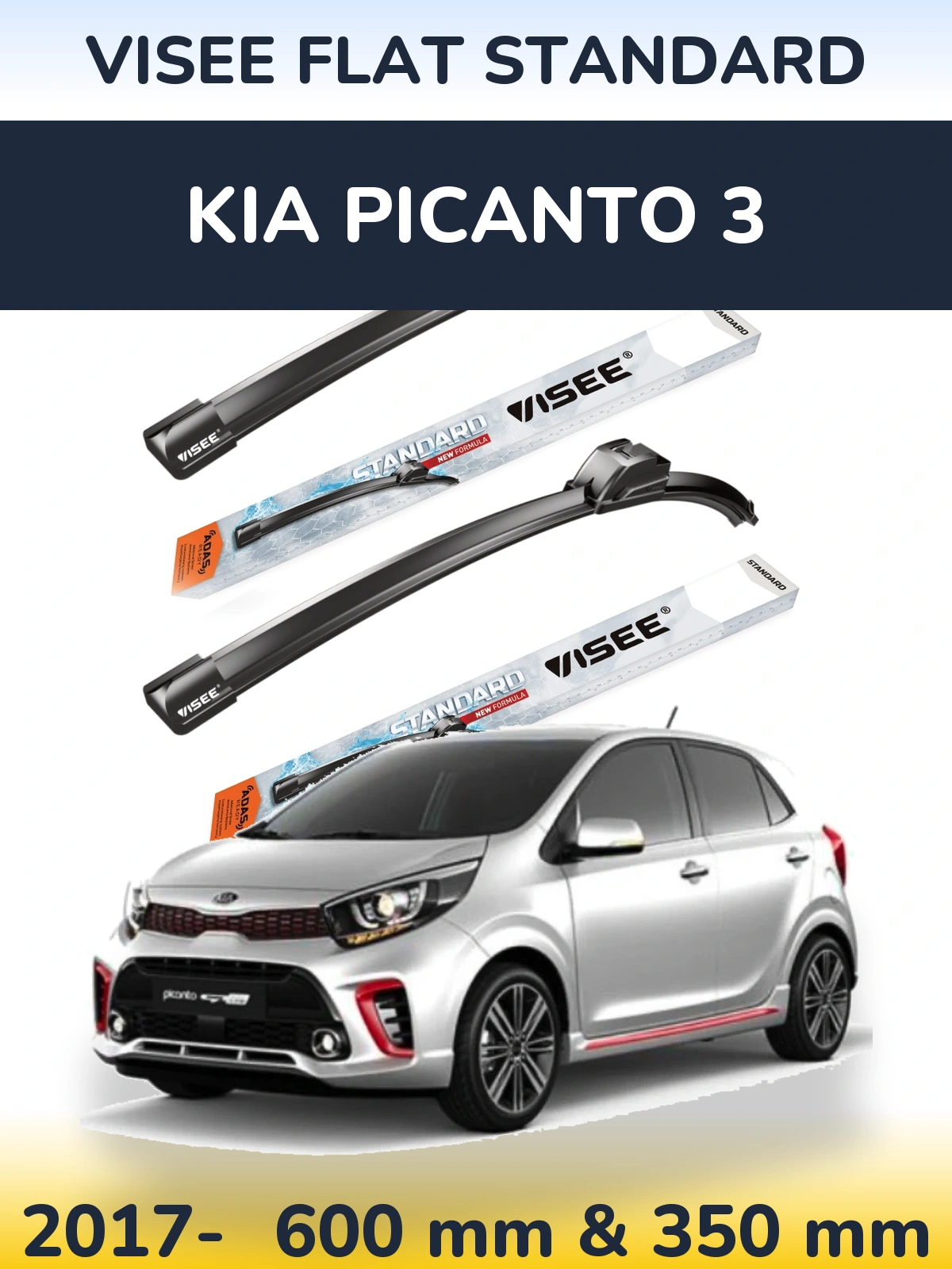 Комплект передніх щіток VISEE FLAT STANDARD 600 & 350 мм для KIA Picanto 3 2017-2026