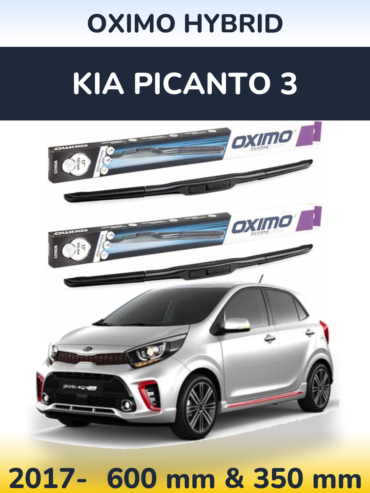 Комплект передних дворников Oximo Hybrid 600 & 350 мм для KIA Picanto 3 2017-2026