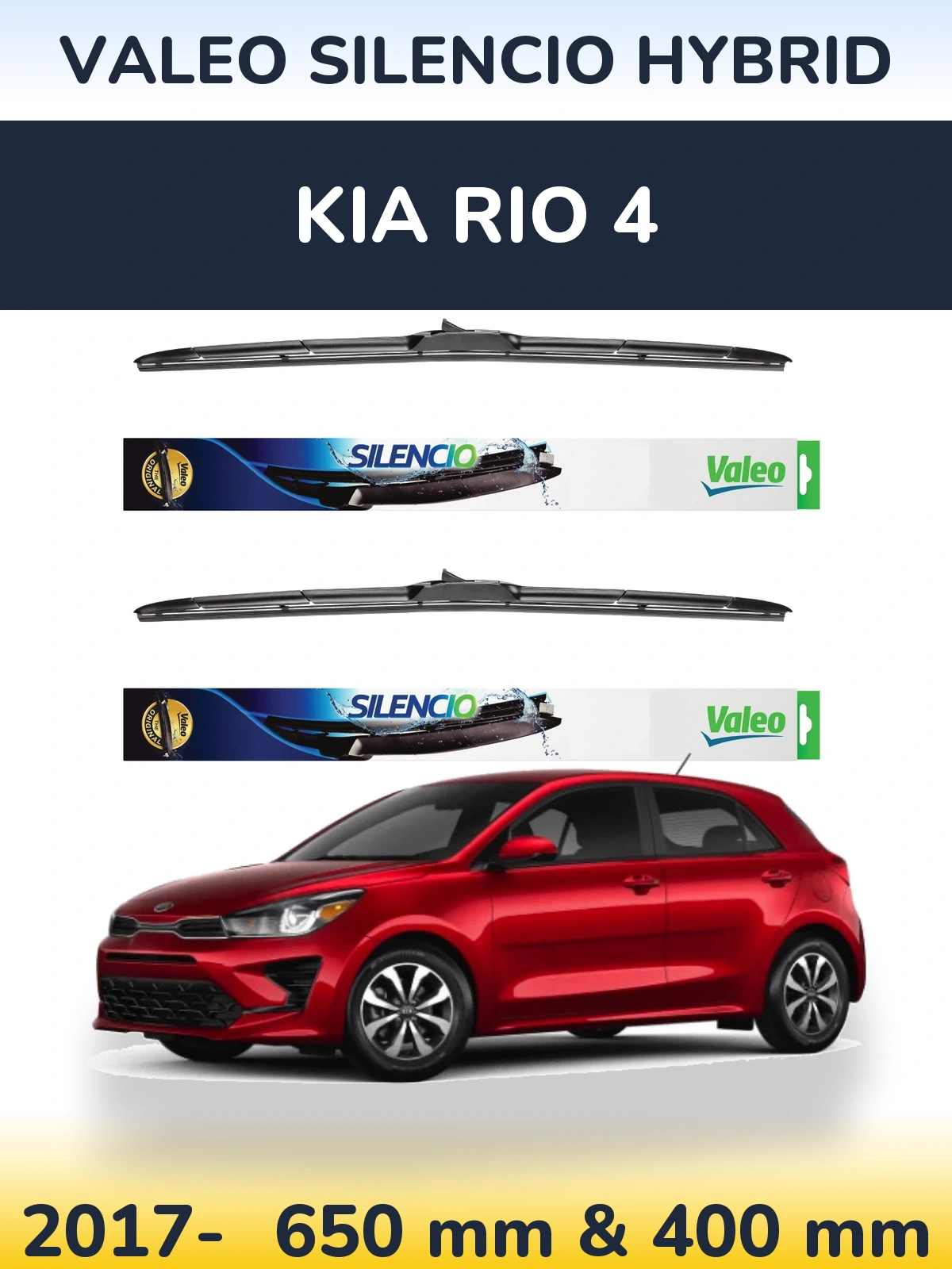 Front wiper blade set Valeo Silencio Hybrid 650 & 400 mm for KIA Rio 4 2017-2026