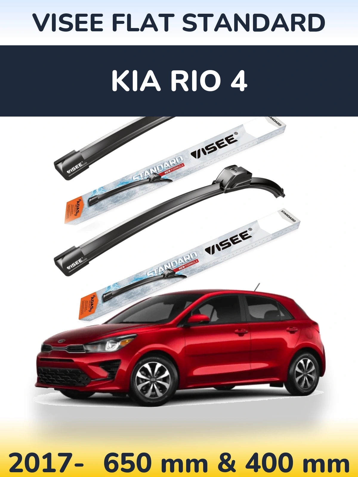 Front wiper blade set VISEE FLAT STANDARD 650 & 400 mm for KIA Rio 4 2017-2026