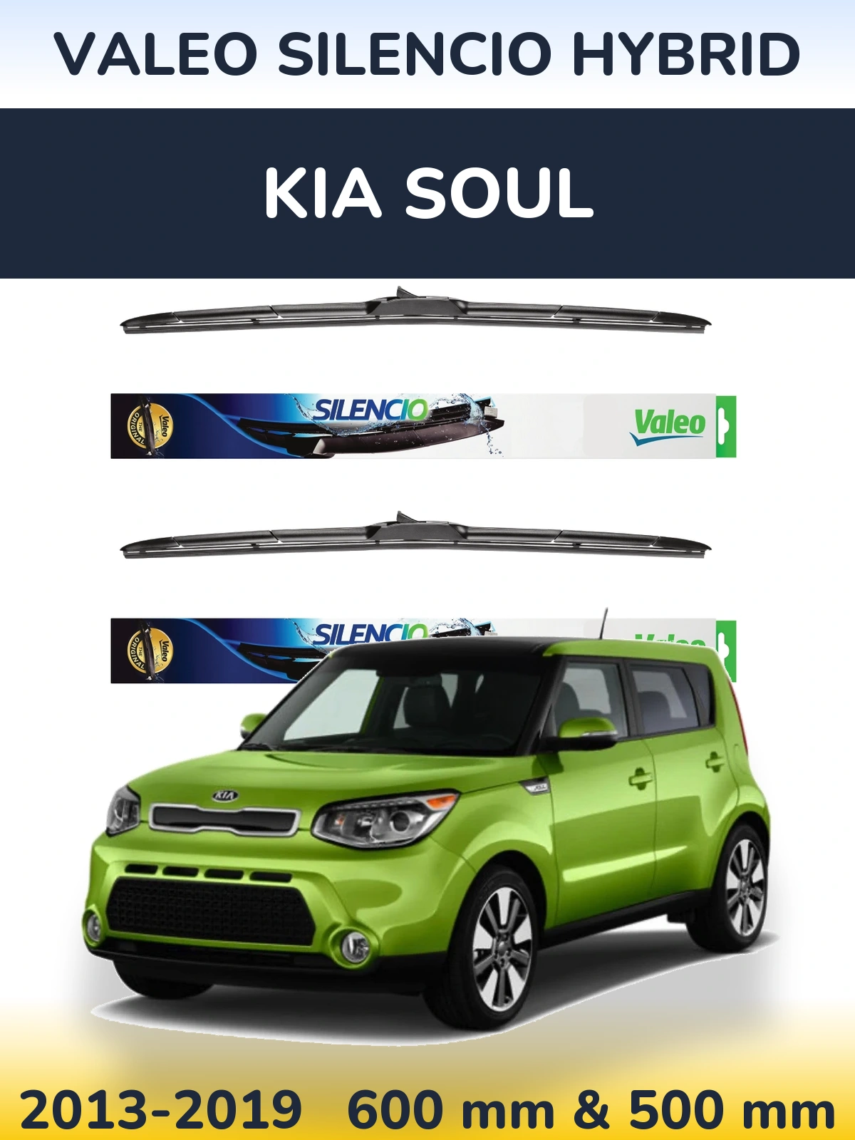 Front wiper blade set Valeo Silencio Hybrid 600 & 500 mm for KIA Soul 2013-2019