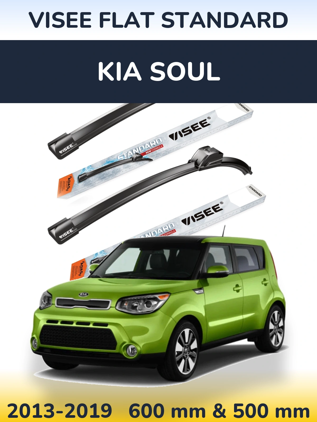 Front wiper blade set VISEE FLAT STANDARD 600 & 500 mm for KIA Soul 2013-2019