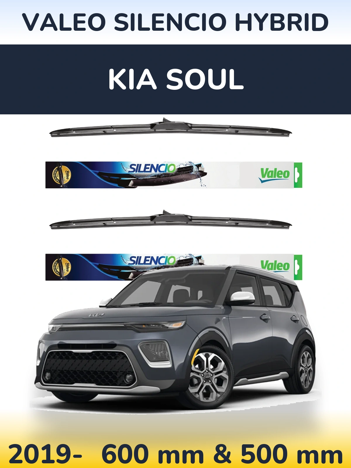 Front wiper blade set Valeo Silencio Hybrid 600 & 500 mm for KIA Soul 2019-2026