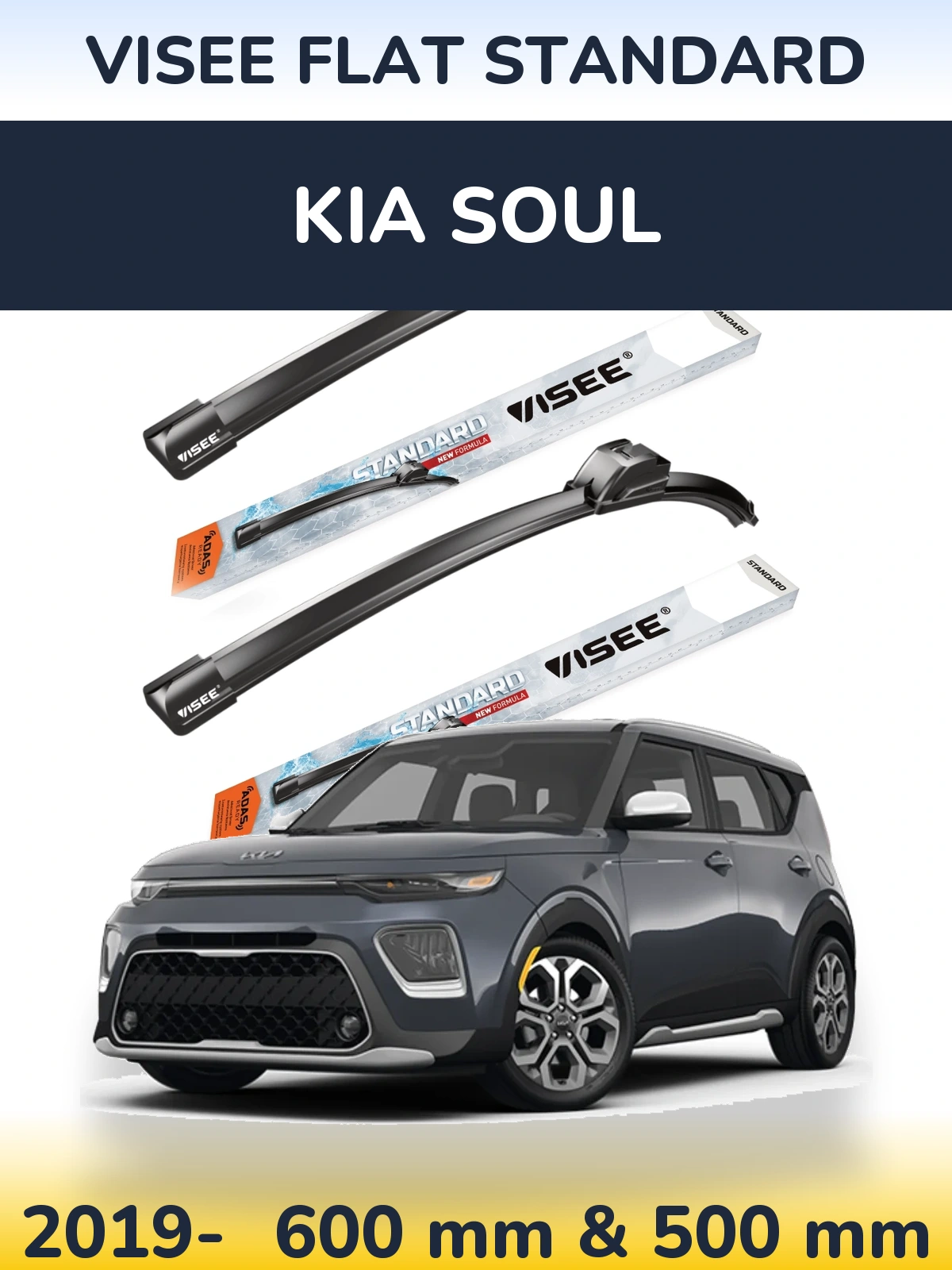 Front wiper blade set VISEE FLAT STANDARD 600 & 500 mm for KIA Soul 2019-2026