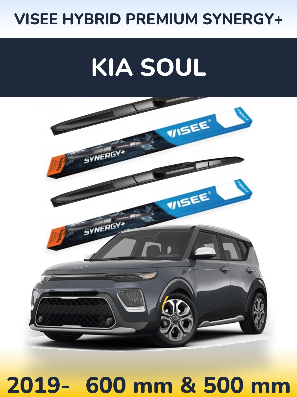 Front wiper blade set VISEE HYBRID PREMIUM SYNERGY+ 600 & 500 mm for KIA Soul 2019-2026