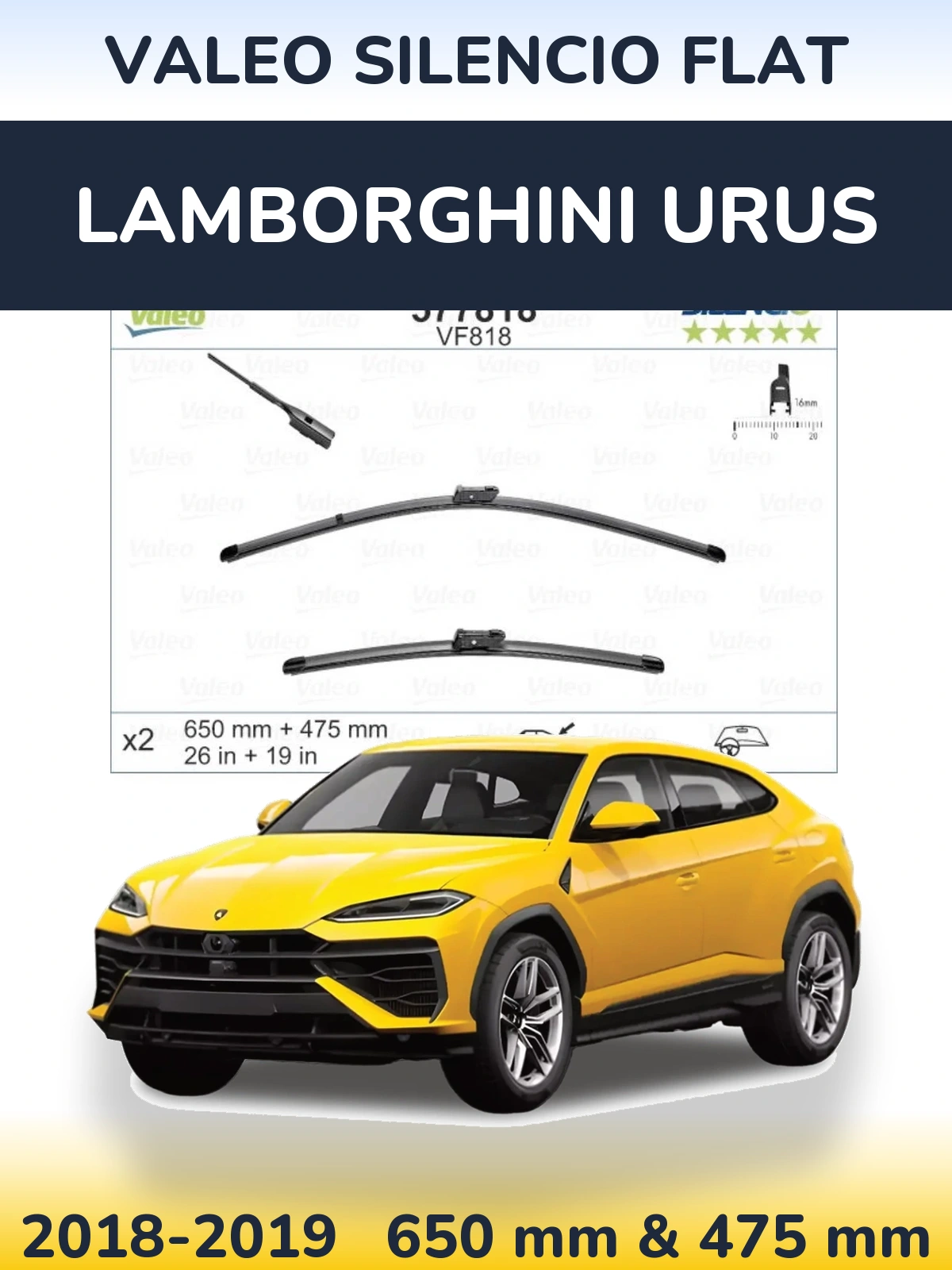 Komplet przednich wycieraczek Valeo Silencio Flat 650 & 475 mm do Lamborghini Urus 2018-2019