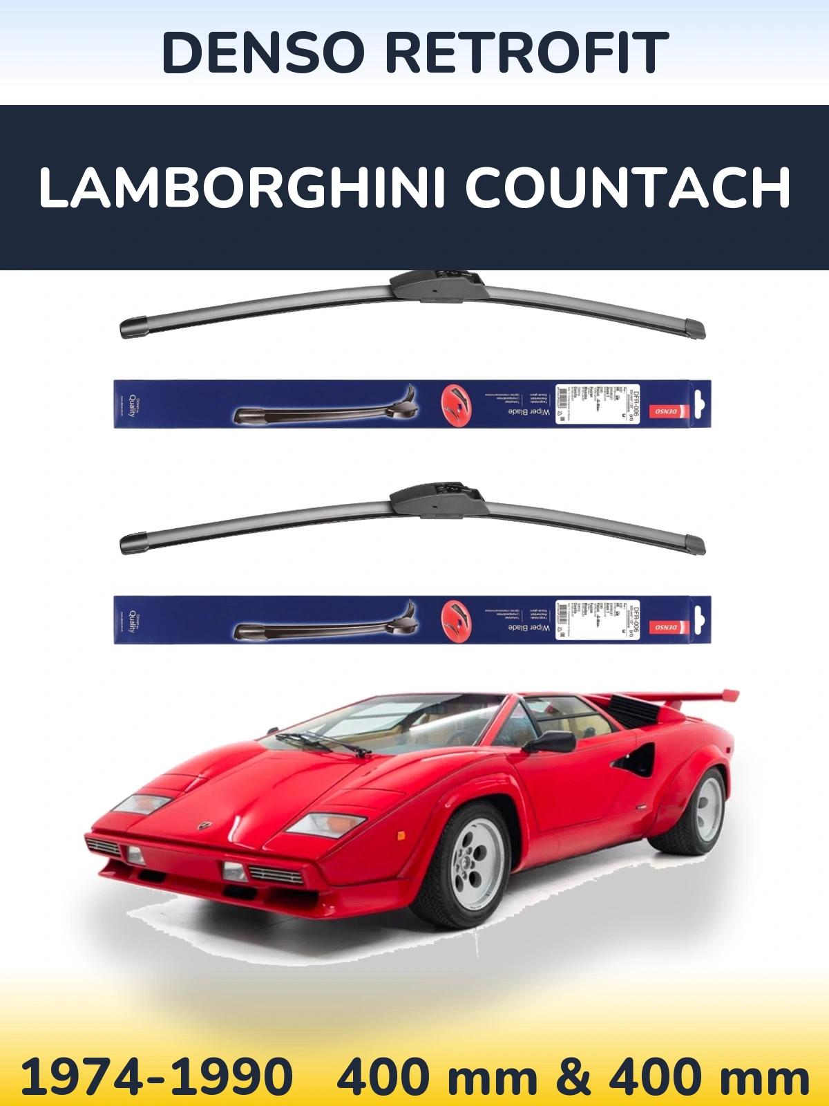 Komplet przednich wycieraczek Denso Retrofit 400 & 400 mm do Lamborghini Countach 1974-1990