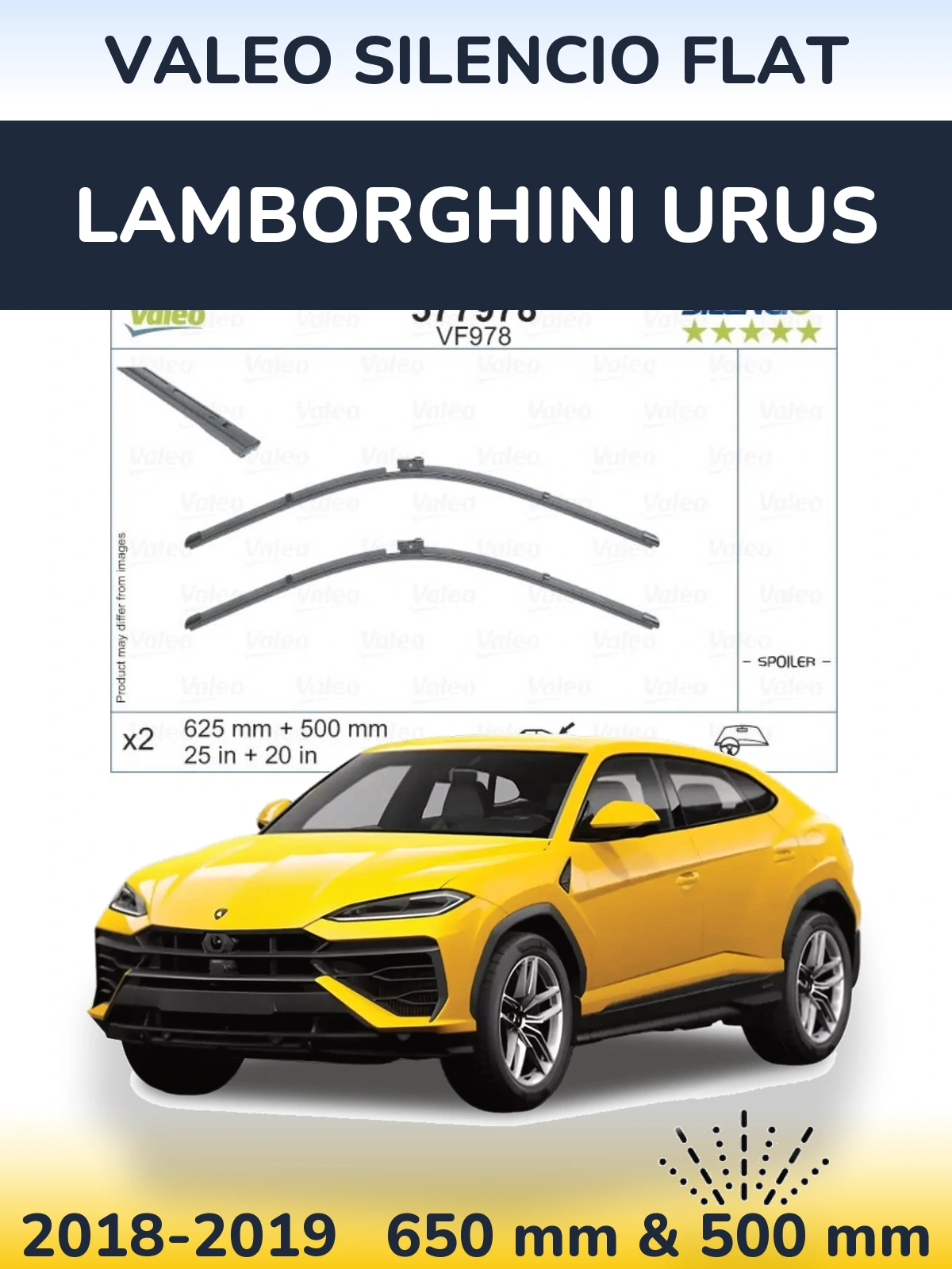Front wiper blade set Valeo Silencio Flat 625 & 500 mm for Lamborghini Urus 2018-2019