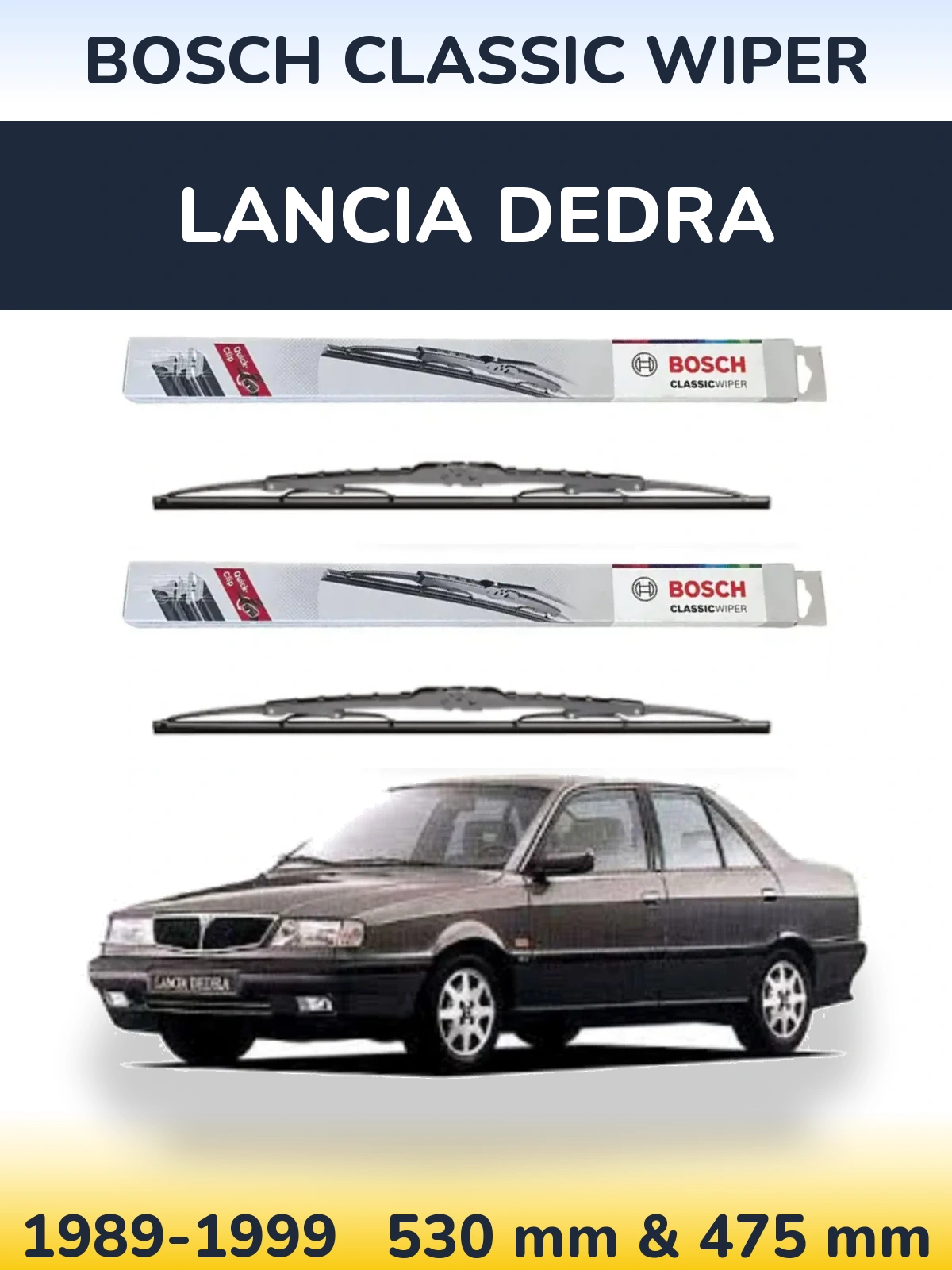 Front wiper blade set BOSCH Classic Wiper 530 & 475 mm for Lancia Dedra 1989-1999