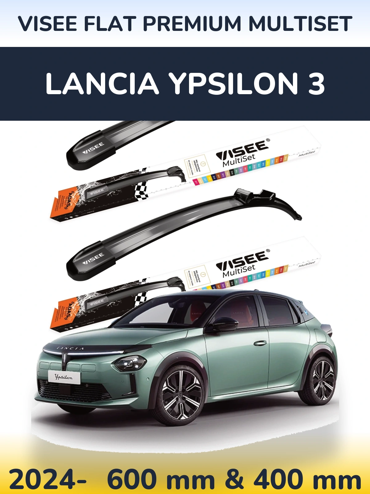 Front wiper blade set VISEE FLAT PREMIUM MultiSet 600 & 400 mm for Lancia Ypsilon 3 2024-2026