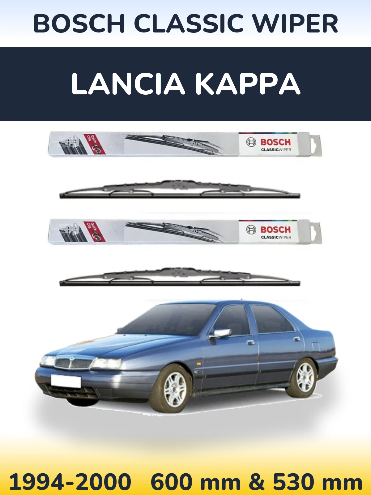 Front wiper blade set BOSCH Classic Wiper 600 & 530 mm for Lancia Kappa 1994-2000