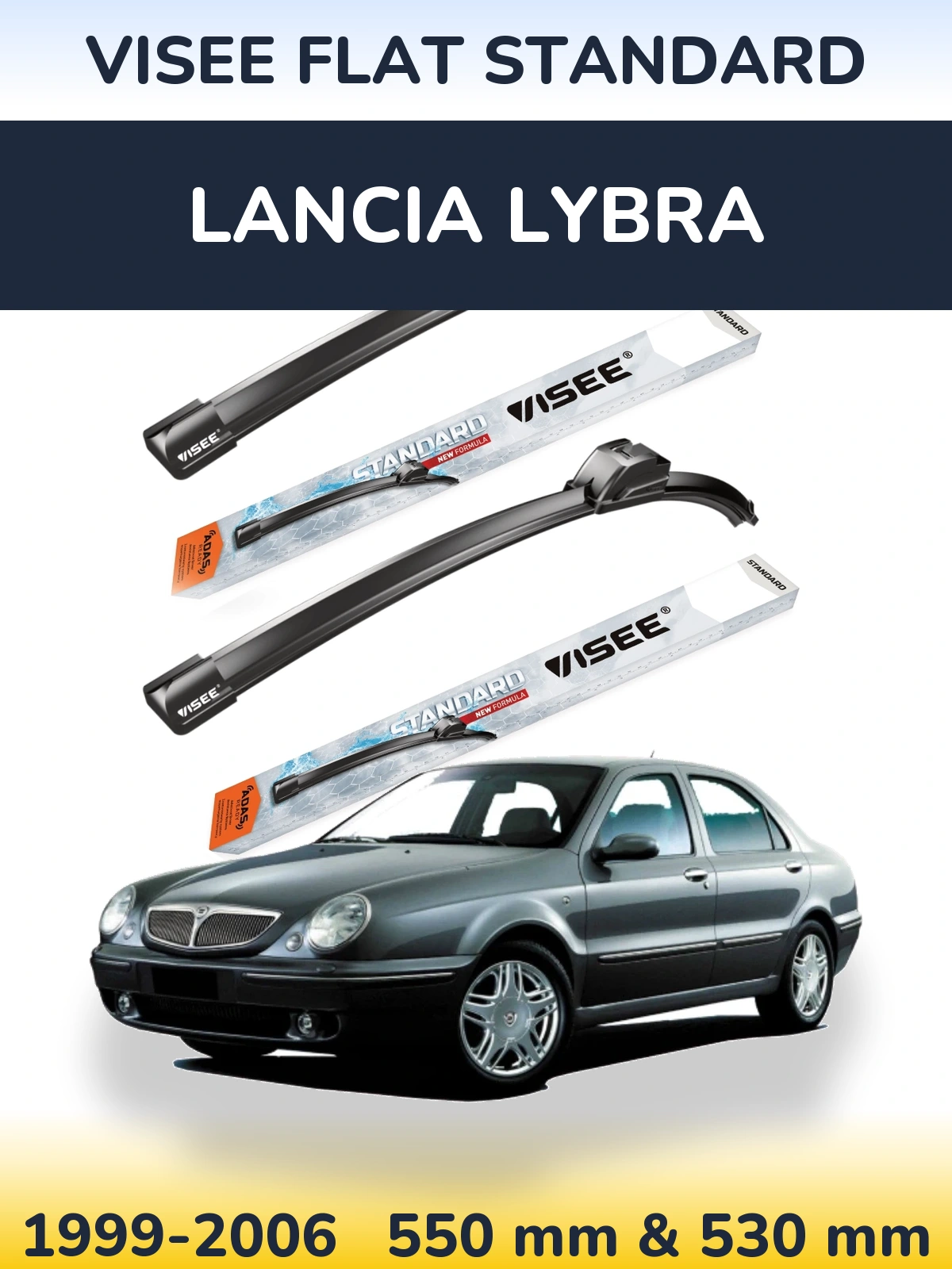 Front wiper blade set VISEE FLAT STANDARD 550 & 530 mm for Lancia Lybra 1999-2006