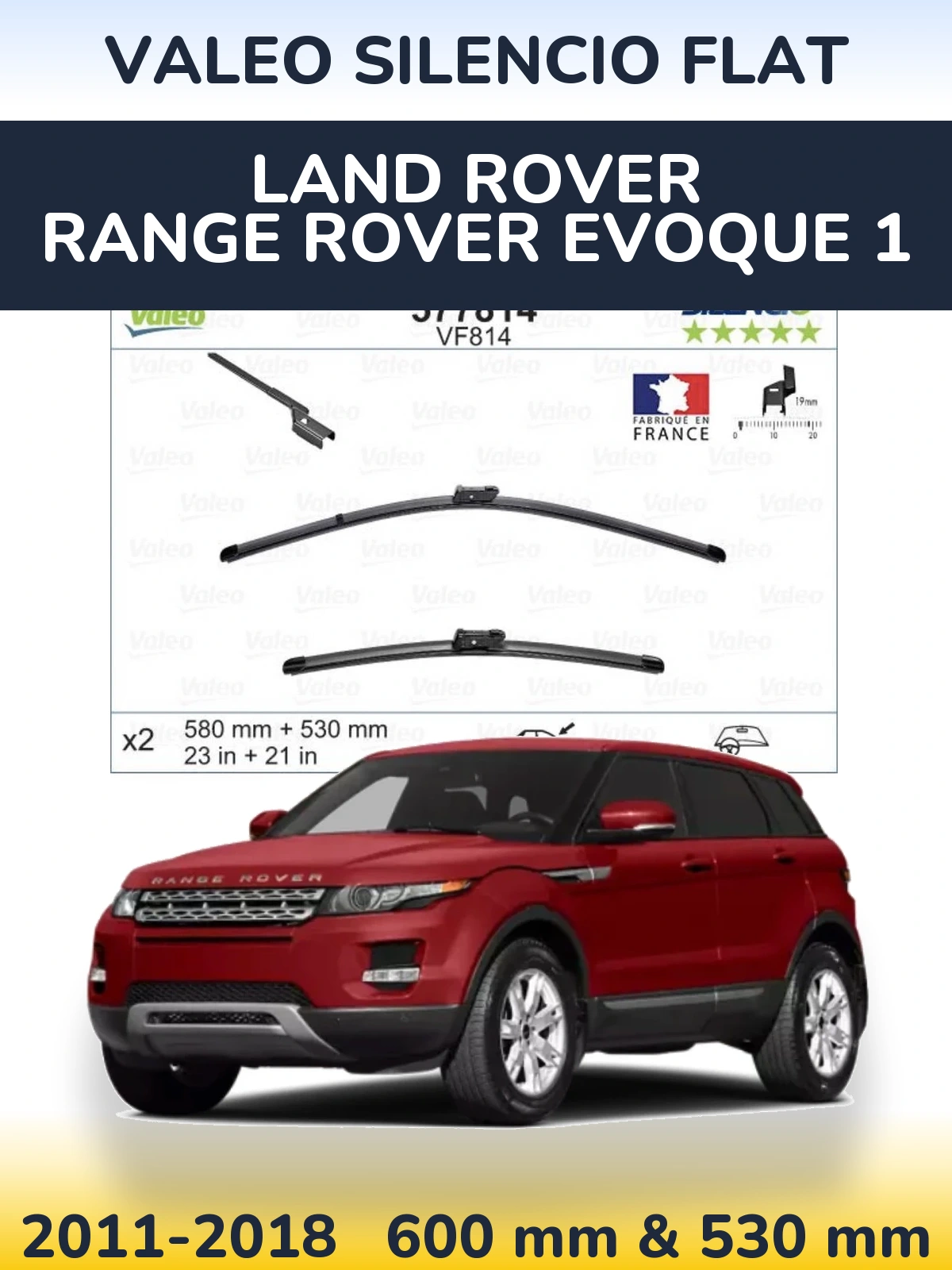 Front wiper blade set Valeo Silencio Flat 580 & 530 mm for Land Rover Range Rover  Evoque 1 2011-2018