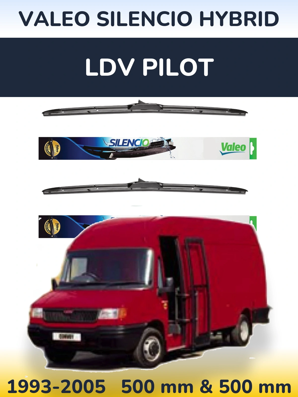 Komplet przednich wycieraczek Valeo Silencio Hybrid 500 & 500 mm do LDV Pilot 1993-2005