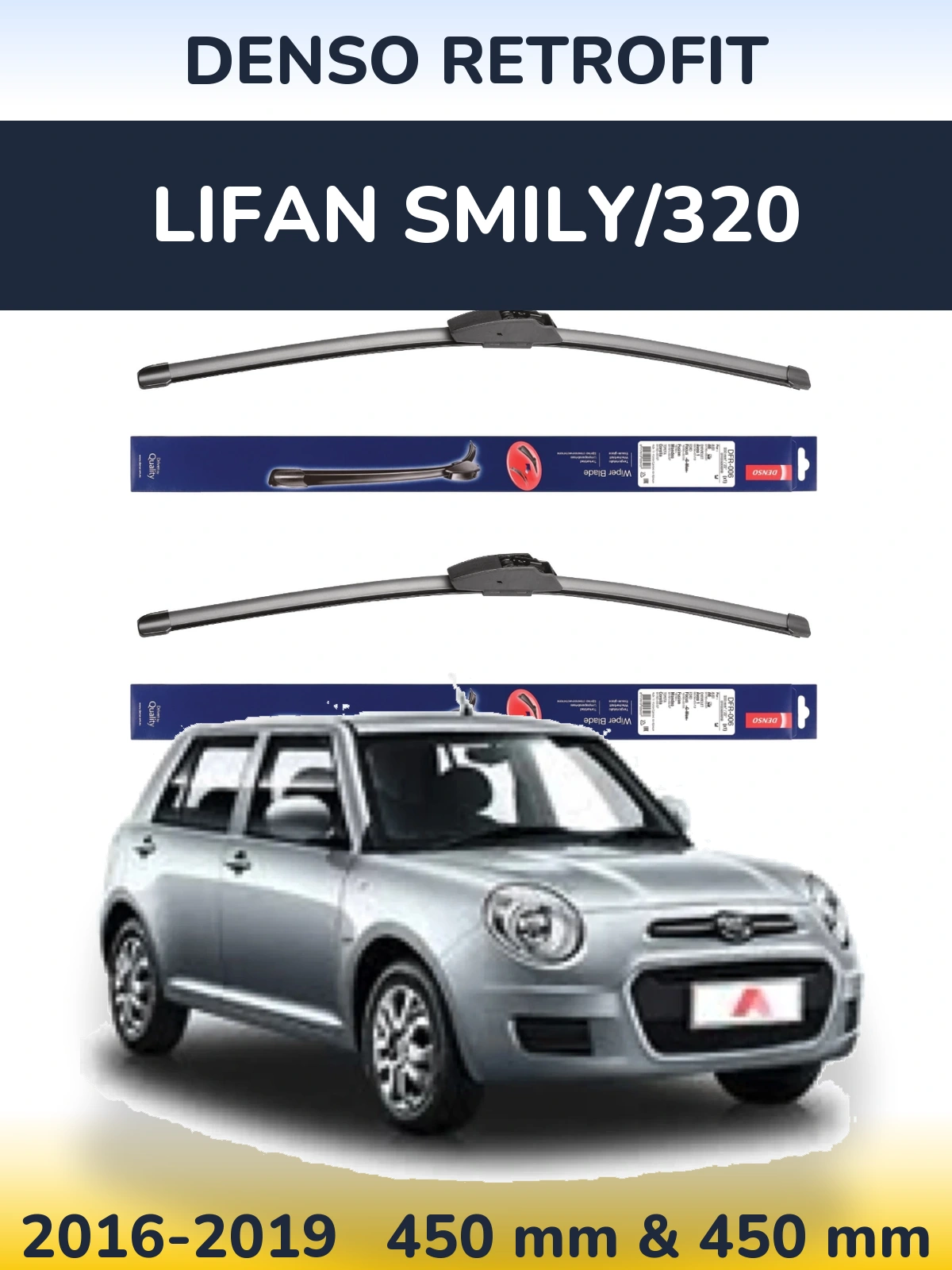 Front wiper blade set Denso Retrofit 450 & 450 mm for Lifan Smily/320 2016-2019