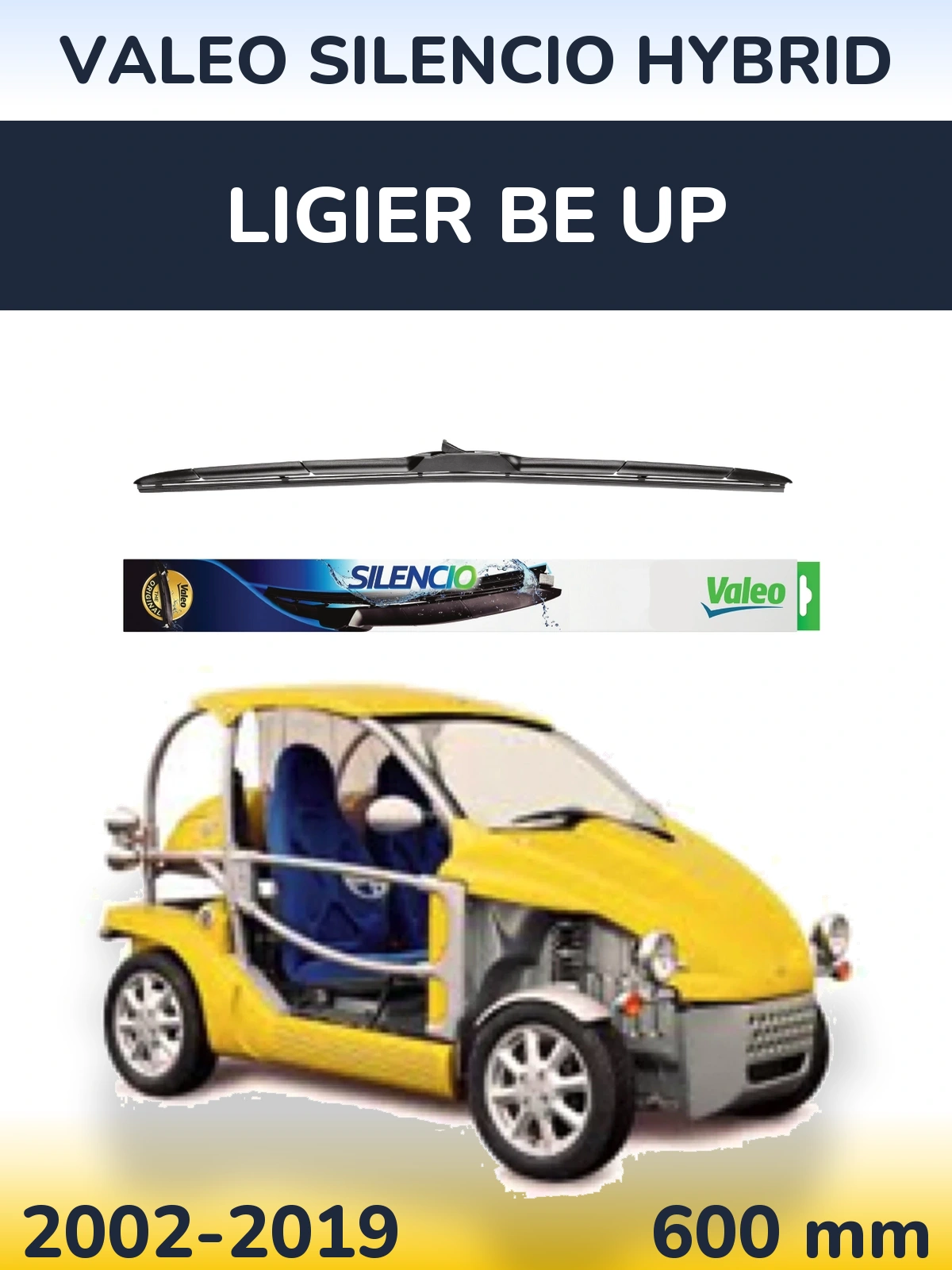Front wiper blade Valeo Silencio Hybrid 600 mm for Ligier Be Up 2002-2019