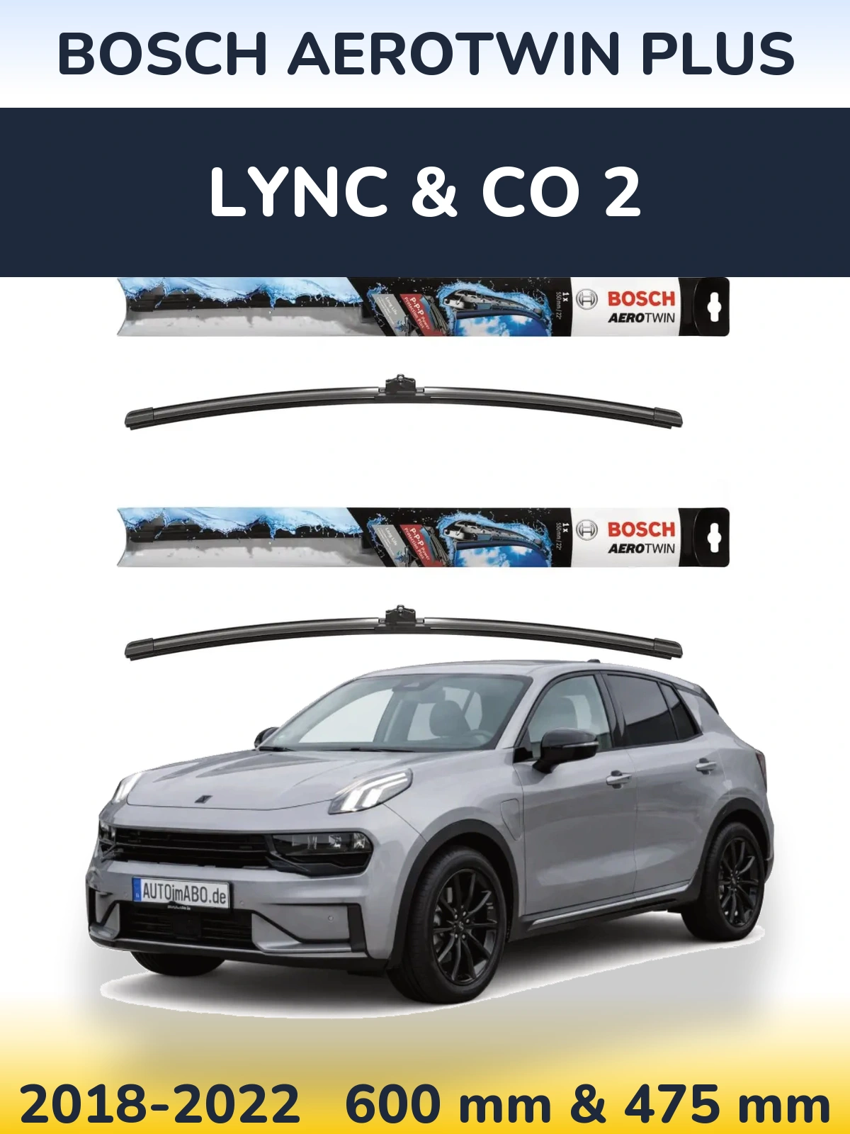 Front wiper blade set BOSCH AeroTwin Plus 600 & 475 mm for Lync & Co 2 2018-2022