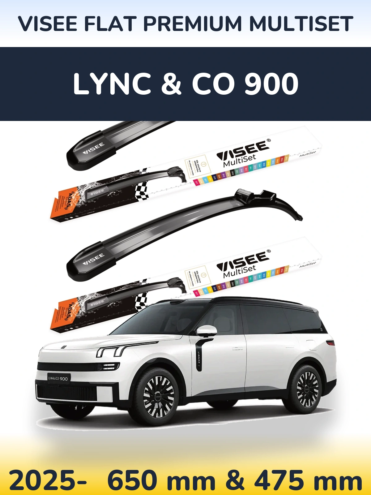Комплект передних дворников VISEE FLAT PREMIUM MultiSet 650 & 475 мм для Lync & Co 900 2025-2026