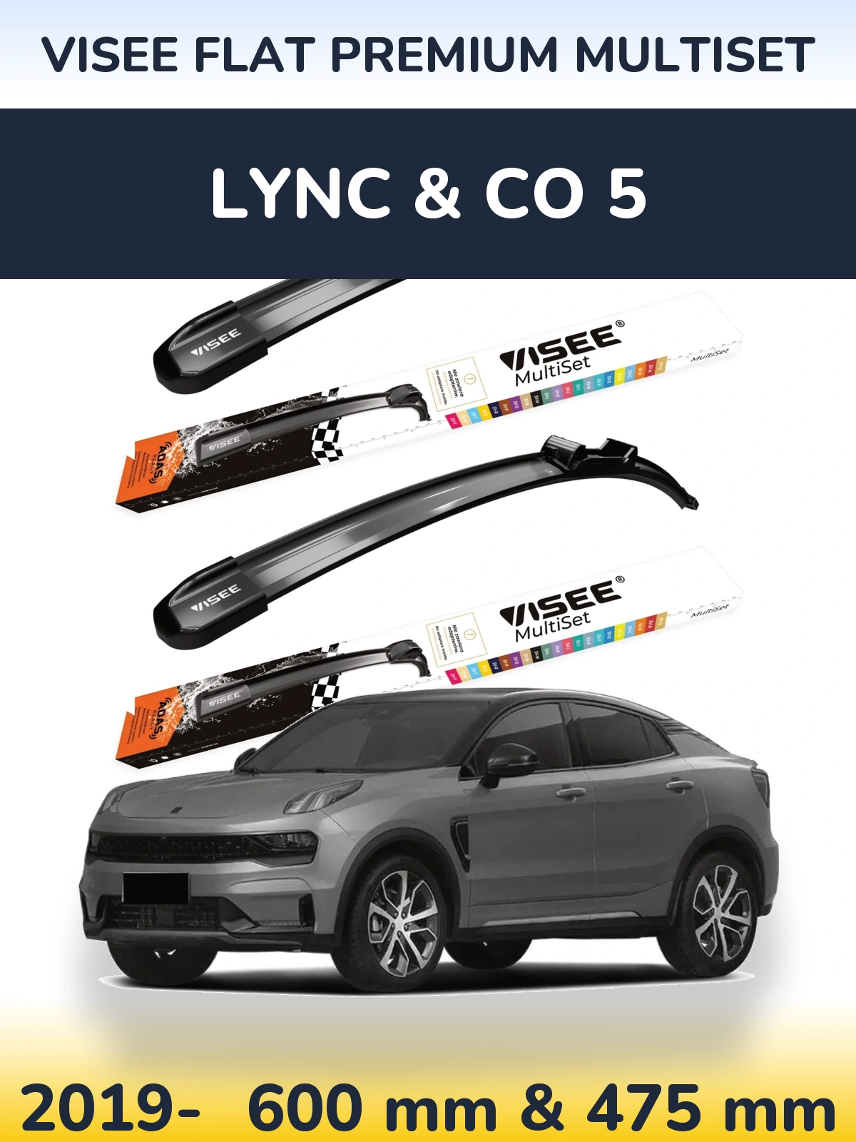 Front wiper blade set VISEE FLAT PREMIUM MultiSet 600 & 475 mm for Lync & Co 5 2019-2026