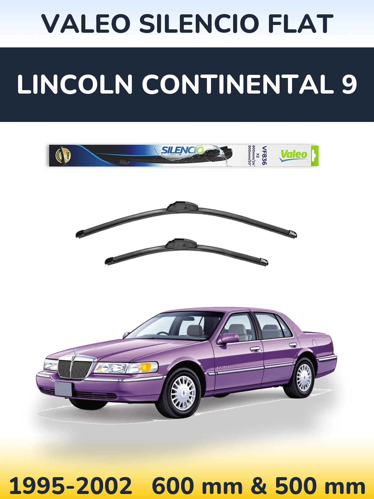 Front wiper blade set Valeo Silencio Flat 600 & 500 mm for Lincoln Continental 9 1995-2002