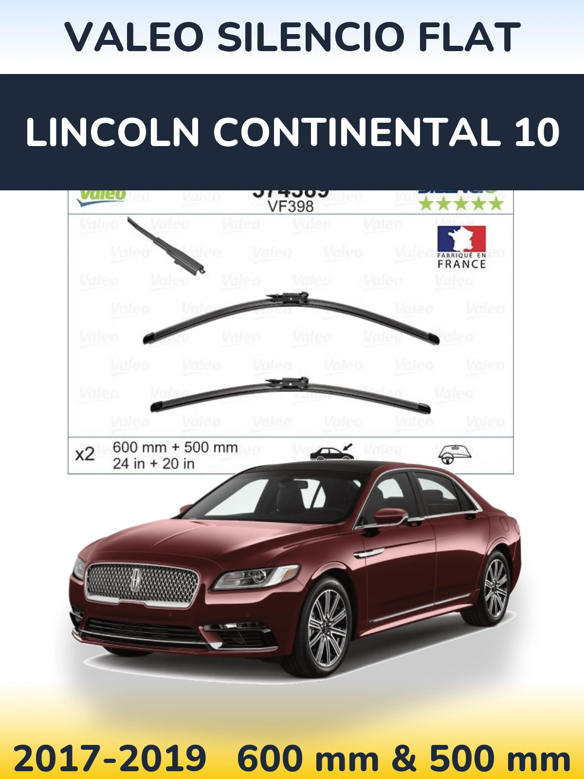 Комплект передніх щіток Valeo Silencio Flat 600 & 500 мм для Lincoln Continental 10 2017-2019