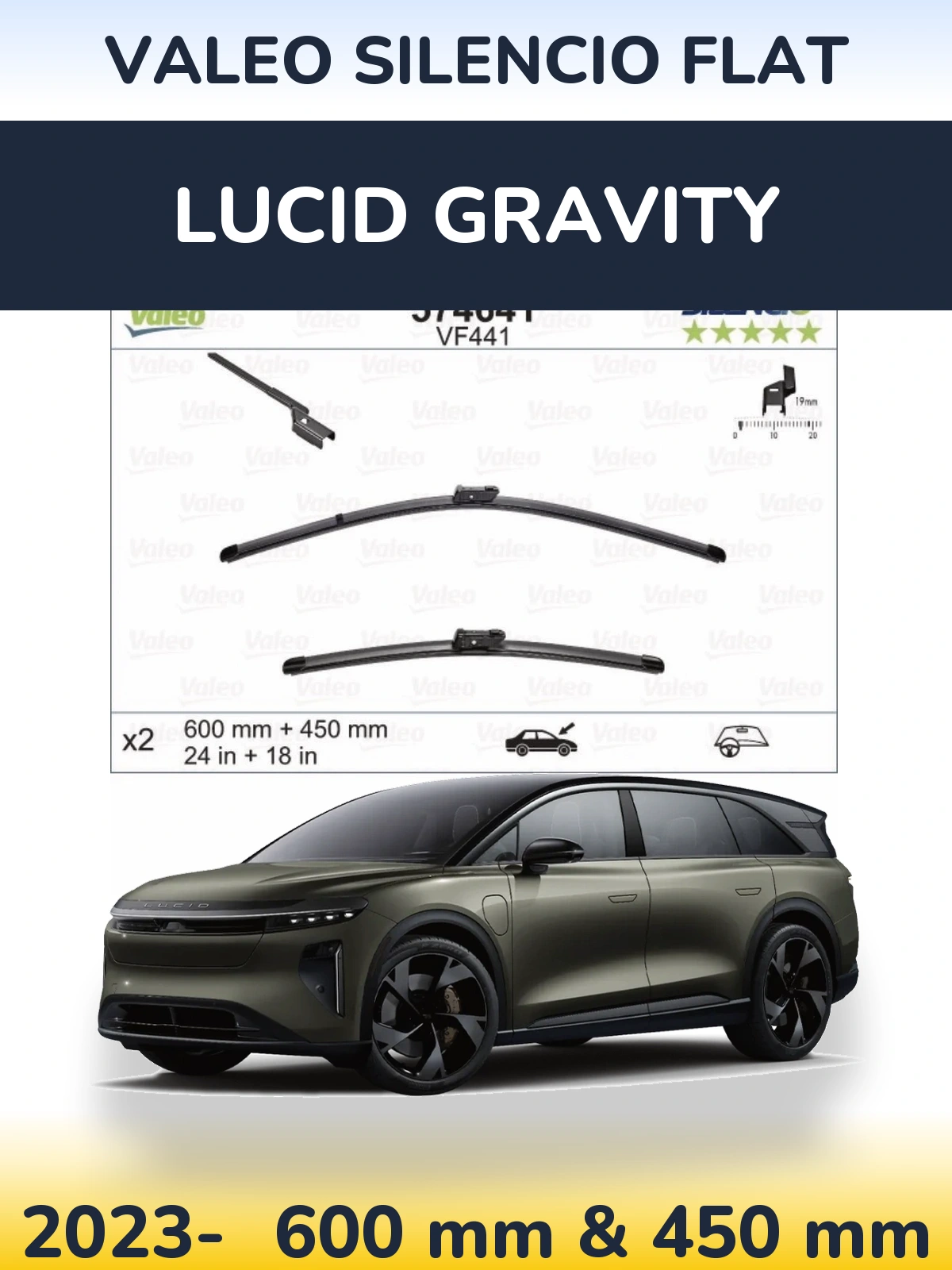 Komplet przednich wycieraczek Valeo Silencio Flat 600 & 450 mm do Lucid Gravity 2023-2026