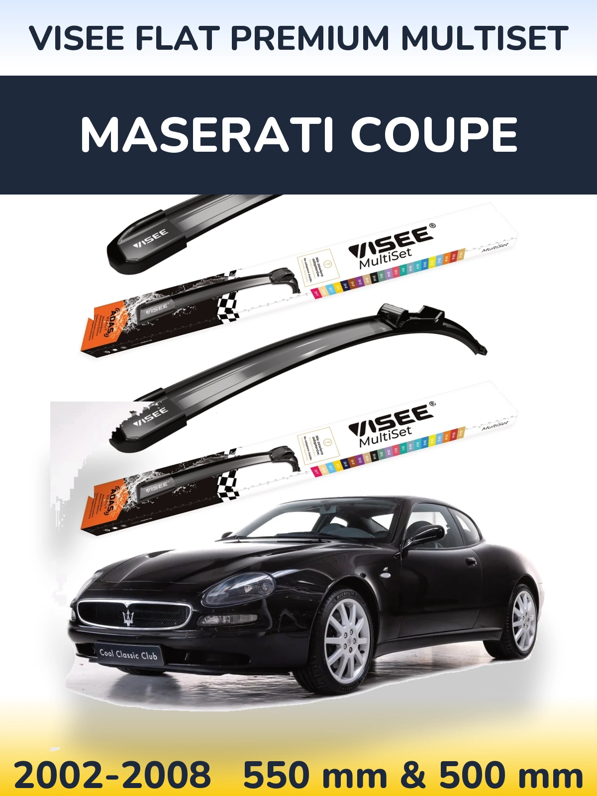 Front wiper blade set VISEE FLAT PREMIUM MultiSet 550 & 500 mm for Maserati Coupe 2002-2008