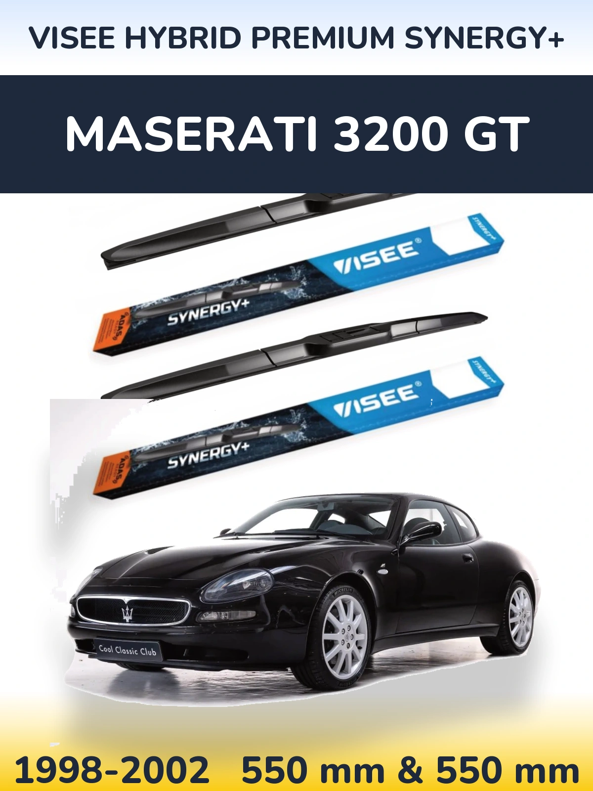 Front wiper blade set VISEE HYBRID PREMIUM SYNERGY+ 550 & 550 mm for Maserati 3200 GT 1998-2002