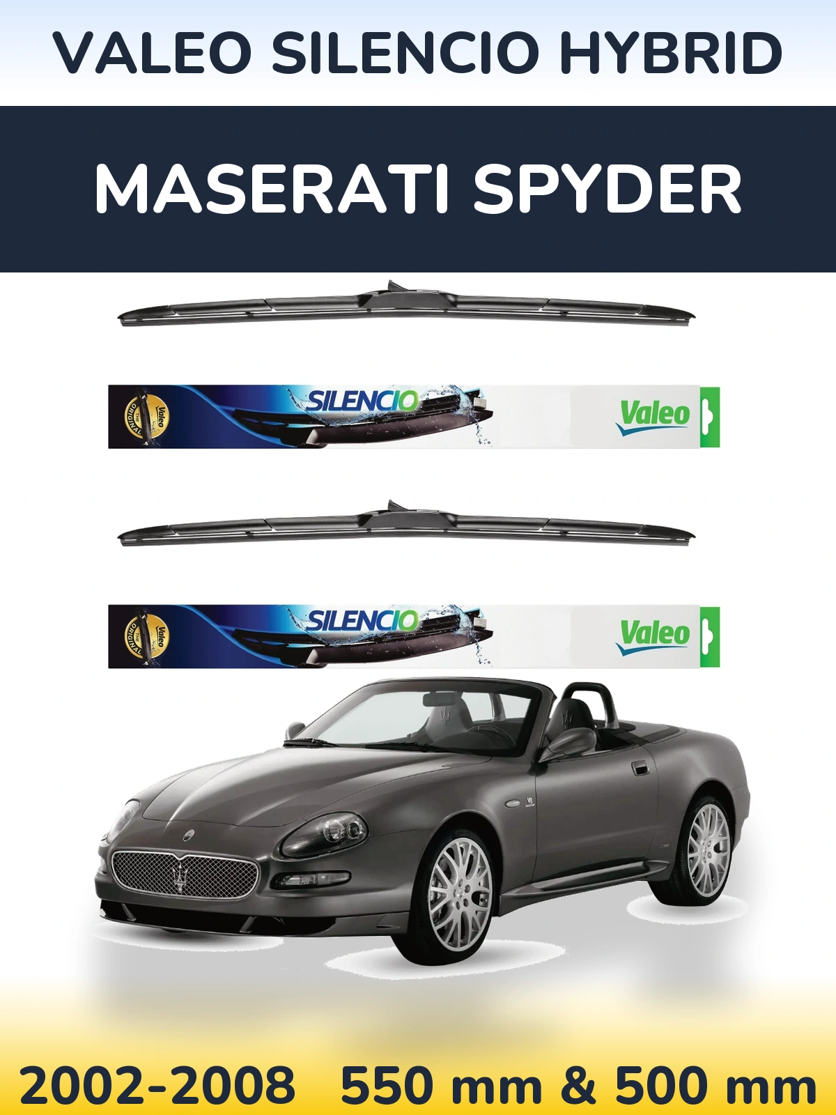 Front wiper blade set Valeo Silencio Hybrid 550 & 500 mm for Maserati Spyder 2002-2008