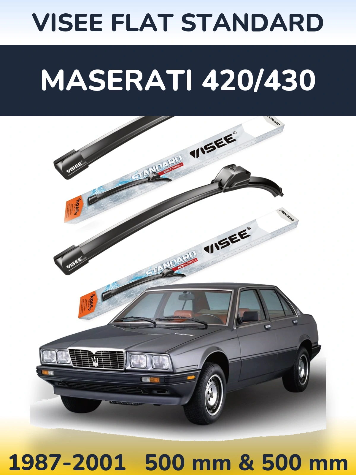 Komplet przednich wycieraczek VISEE FLAT STANDARD 500 & 500 mm do Maserati 420/430 1987-2001